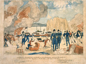 Depiction of Admiral George Cockburn, a British Navy officer during the War of 1812, burning and plundering the Maryland port of Havre de Grace. This hand-colored etching was made from a sketch taken on the spot and is believed to be the work of William Charles, a Scottish caricaturist and etcher who came to the…