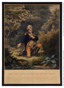 A print depicting George Washington in prayer at Valley Forge, a military encampment in Pennsylvania. The General kneels at the edge of a small body of water, surrounded by dense woods. He has laid down his sword, his right knee is on the ground, his left hand is on his chest, and he looks up…