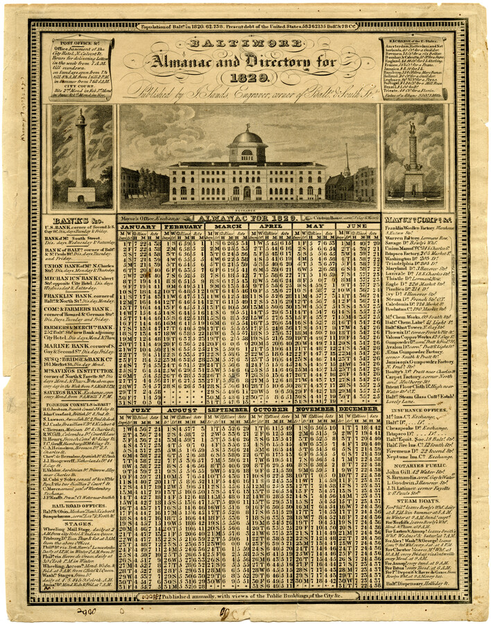 A copy of the Baltimore Almanac and Directory for 1829 featuring an annual calendar with daily times of sunrises and sunsets; lists of important Baltimore services and businesses; city statistics; and depictions of the Washington Monument, Battle Monument, and an elevation of the Baltimore Exchange by Benjamin Henry Latrobe.