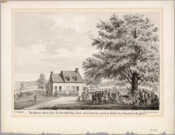 A print depicting the house where Methodist preacher Rev. R. Strawbridge died. The yard in front of the house is full of mourners attending the Reverend's funeral. Strawbridge is considered the pioneer of Methodism in America, bringing it from his home country of Ireland to Maryland in the 1760s.