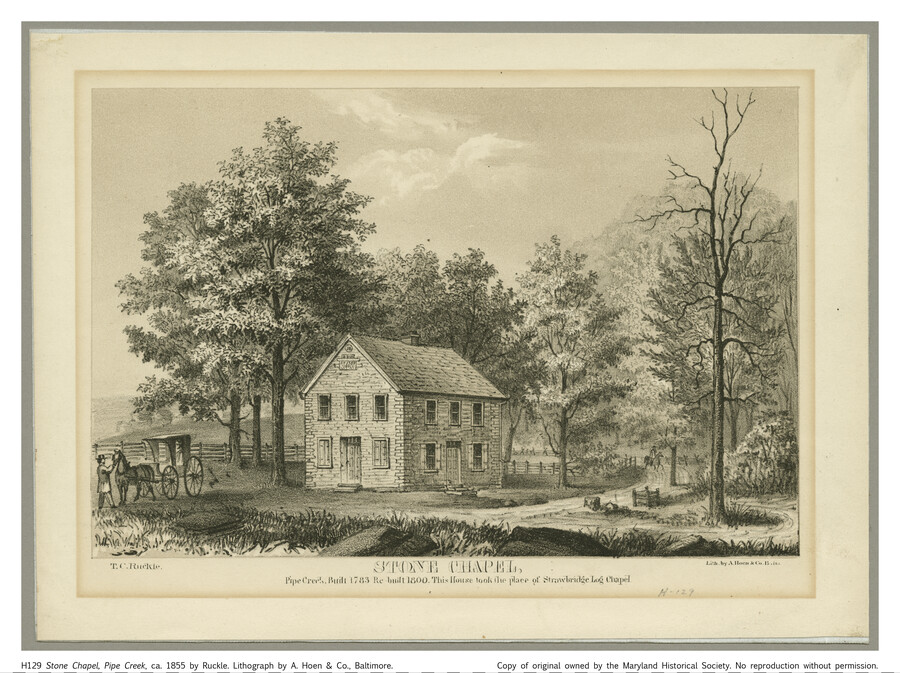 Print of the Stone Chapel United Methodist Church, originally called Poulson's Chapel, and one of the earliest Methodist churches in the United States. This chapel was first built in 1783 in New Windsor, Maryland, was rebuilt in 1800, then again in 1883. The print is captioned "Stone Chapel, Pipe Creek. Built 1783. Re-built 1800. This…
