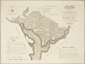 Printed map on paper of Washington, DC, showing streets, blocks, rivers, government buildings, and parts of Virginia and Maryland. Georgetown is prominently labeled. Includes a scale of poles with 600 poles equal to 6 inches, along with text, notes, and a coat-of-arms.
