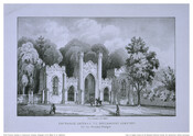 A print depicting the ornate stone gatehouse entrance to Greenmount Cemetery in Baltimore, Maryland. Trees surround the structure and people stand in the foreground. A caption beneath the image states it is "for the monthly budget."