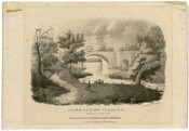 A print depicting the Carrollton Viaduct, which spans the Gwynns Falls stream in southwest Baltimore, Maryland. Along the stream is a trail, with hikers and dog walkers. The railroad on the viaduct has one passenger rail car, pulled by a horse, and the surrounding land is lush. The viaduct was built between 1828-1829 for the…
