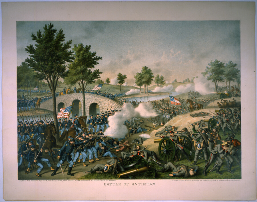 Print depicting the Battle of Antietam, also known as the Battle of Sharpsburg, an American Civil War battle that was fought on September 17, 1862. At the bottom left of the image is the text "Army of the Potomac: Gen. Geo. B. McClellan, Comm., Sept. 17th 1862 - 1' 2' 4' 6' 9' 12' Corps…