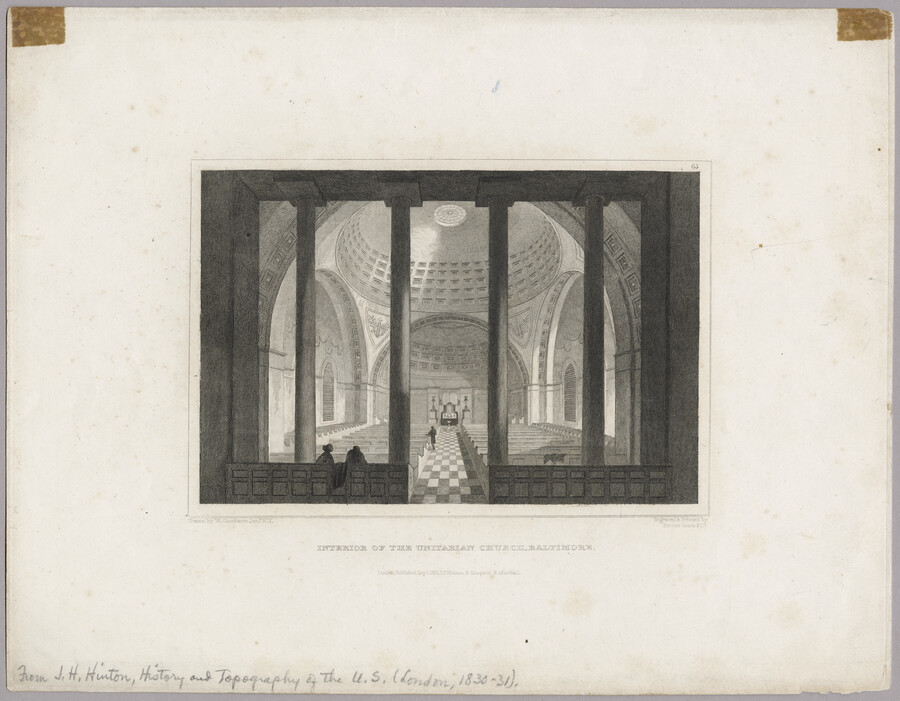 Print featuring an interior view of the First Unitarian Church of Baltimore, located on the northwest corner of Charles and Franklin Streets in Baltimore, Maryland. The church was designed by Maximilian Godefroy and built in 1817 as the first building erected for Unitarians in the United States.