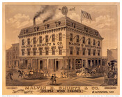 Lithograph of the three-story Malvin B. Shurtz & Company, a purveyor of agricultural implements. The company was located at 19, 21, and 23 East Pratt Street in Baltimore, Maryland, between 1884-1887. The Eclipse Wind Engine, advertised on the print, was a geared windmill used to provide power on farms. It was invented by Reverend Leonard…