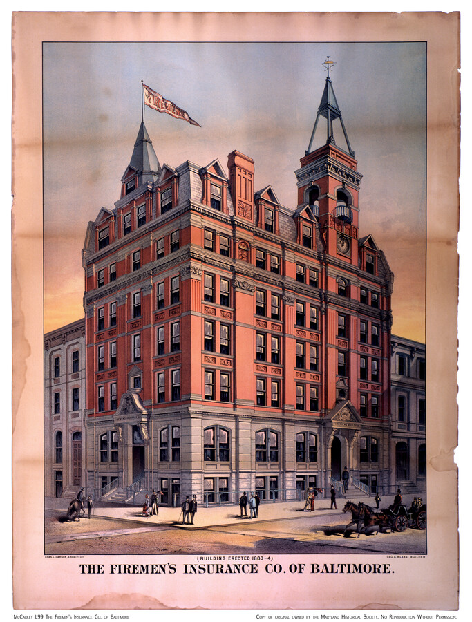 The Firemen's Insurance Company headquarters was constructed at the northeast corner of South Street and Water Street in Baltimore City, Maryland, by architect Charles L. Carson and builder George A. Blake. The building was erected in 1833-1834 and stood in some form until 1904. Originally three stories tall, the height was increased to five stories…