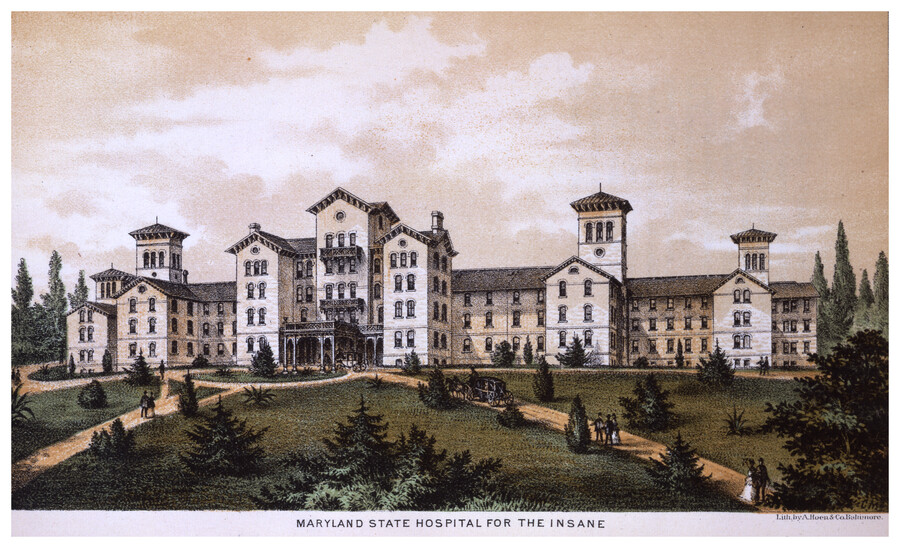 Color lithograph depicting the exterior of the Maryland State Hospital for the Insane (now Spring Grove Hospital Center), located at Spring Grove in Catonsville, Maryland. Founded in 1797, it is the second oldest psychiatric hospital in the United States.
