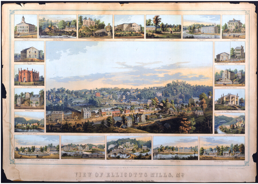 Color print depicting a bird's eye view of Ellicotts Mills, Maryland. Smaller images of various buildings and factories in the town surround the central image.