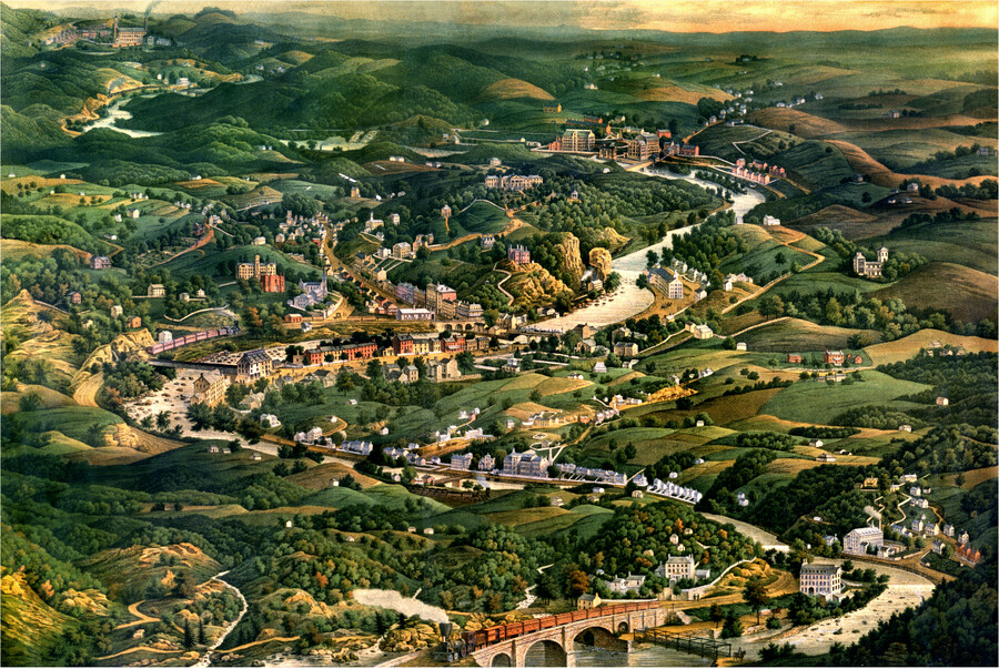 Color lithograph with the full title "Panoramic view of the scenery on the Patapsco River for seven miles above and below Ellicott's Mills, Md." Print depicts an aerial view of Ellicott's Mills, located west of Baltimore City in Howard County, Maryland.