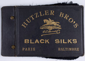 Black sample book of black silk swatches sold by Hutzler Brothers Company, Baltimore, Maryland. The book was owned by women's tailor and Hutzler's employee Julius M. Griesz (1865-1938). He emigrated from Germany to Baltimore in 1892 and lived on Schroeder Street. These books were distributed by Hutzler's through their partnership with C. J. Bonnet, a…