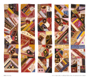 Pieces of an unfinished crazy quilt created by Mrs. Hiram D. Musselman. In a crazy quilt, irregularly –shaped “scraps” of fabric are sewn to a lighter weight foundation fabric. Rows of fancy, hand-sewn embroidery hold the scraps in place in a similar manner to the earlier appliqué technique seen on other Baltimore quilts. These patched…