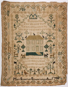 Child's sewing sampler featuring a central house surrounded by flora and fauna and four lines of text each above and below the design. Outside of the interior geometric border is a line of letters and numbers, which is surrounded by an exterior border of a floral vine. Signed at the bottom, "Mary Schley, her Sampler…