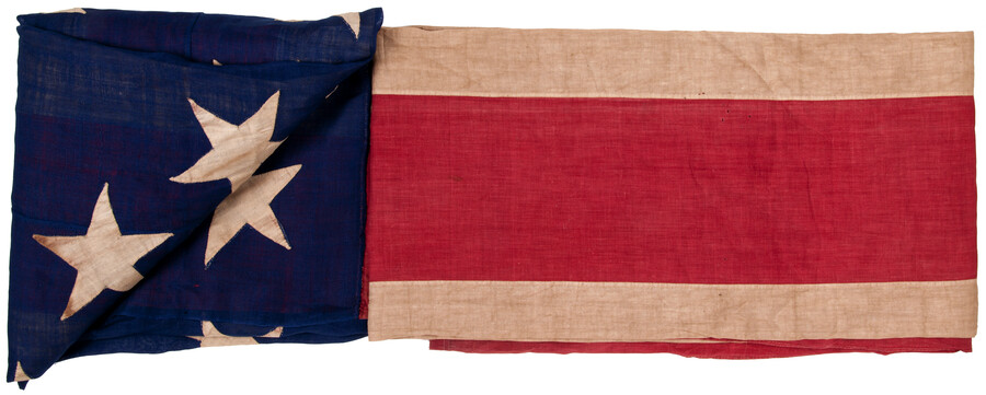 This 34 star flag was flown on West Lafayette Avenue, Baltimore, Maryland to celebrate President Abraham Lincoln's election in 1860, and again in 1865, when Lincoln's funeral train passed through the city. It was hand-stitched by Alice McClellan and Eleanor Miranda Dixon White, the donor's grandmother and great-grandmother.