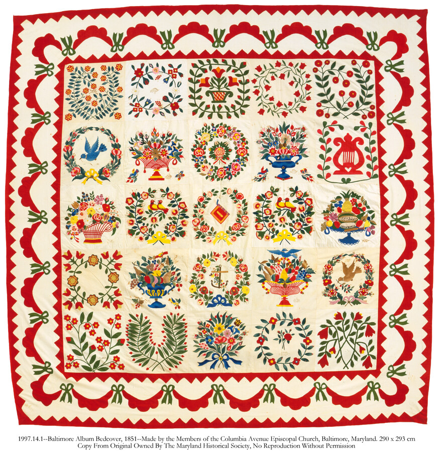 Baltimore album quilt consisting of 25 sqaures decorated with baskets of fruit and flowers, wreaths, a lyre, a bible, and an anchor with a red swag border. This quilt was made as a memorial on All Saints Sunday by the ladies of the Columbia Avenue Methodist Episcopal Church, with each block being dedicated to the…