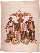 Banner painted with the Maryland state seal. Two men lean their elbows on the coat of arms. The man on the left holds a shovel while the figure on the right holds a fish. Underneath them is the state motto written on a banner, reading "fatti maschii, parole femine," which translates to "manly deeds, womanly…