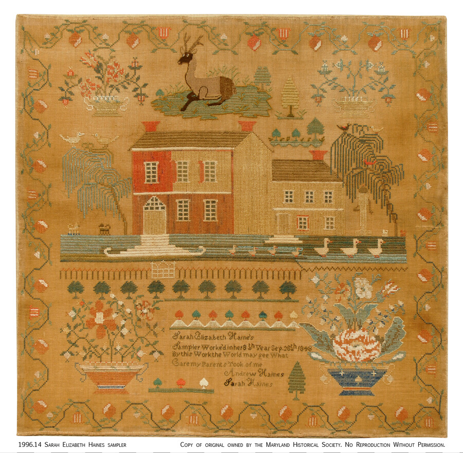 Sewing sampler featuring an image of a large house surrounded by trees, flowers, and a pond with a row of ducks. A stag lays at the top of the composition flanked by two vases of flowers. The inscription at the bottom reads "Sarah Elizabeth Haines/ Sampler worked in her 8th year September 28th, 1848/ By…