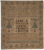 Sewing sampler with embroidered inscription of "Baltimore City - Jane E. Taylor - Aged 10 Years & 6 Months - August 15, 1804 - Remember Your Creator." Embroidered alphabet and numbers on top half. Two pine trees on either side of inscription, floral border.