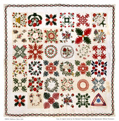 Quilt featuring floral motifs, fruit, wreaths, baskets, and a triangle with the star of Bethlehem representing the Temperance movement. Presented to travelling Methodist minister Thomas Harrison West Monroe (1804-1864) by female congregation members from Maryland to Illinois.