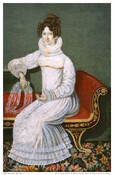 Full-length seated portrait shows Augusta Caroline McCausland Duval (Mrs. Edmund Brice Duval) (1797-1832) with brown curled upswept hair. She is seated on a red Baltimore Empire painted couch atop a floral patterned rug. She wears a long white dress with ruffles at neck and wrists, and holds a lace scarf in her proper right hand.