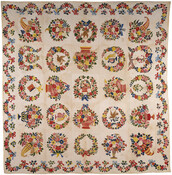 The boldly colored intricate designs in this Baltimore album quilt can be attributed to the master designer of Baltimore album quilt blocks, Mary Simon, a Bavarian-born immigrant who settled in Baltimore in 1844. Mary Simon created and sold cut-and-basted quilt kits to provide supplemental income for her family and, consequently, her exquisite eye for detail…
