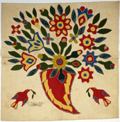 Baltimore album quilt block with appliqué cornucopia of flowers. Appliqué applied with buttonhole stitch in white silk thread and blue wool. Penned on lower left, "Mrs. Catharine A. Boyd." On either side of the cornucopia are red birds carrying pairs of green leaves. Attributed to Mary Evans Ford (1829-1916).