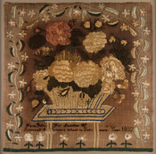 Sewing sampler featuring embroidered basket of flowers and a floral border. Embroidered inscription reads: "Fany Bush. Her Sampler Worked in St. James First African P.E. Church School in Baltimore. Year. 1832."