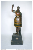 Wooden Native American novelty statue of a "Tobacconist's Figure", ca. 1879, by John Philip Yeager. This figure was made by Yeager (1823-1899), a cooper, and well-known Baltimore wood worker of the nineteenth century. He briefly emigrated to Montreal before coming to Baltimore in 1847. Yeager typically carved or decorated ships. For this "cigar store Indian,"…
