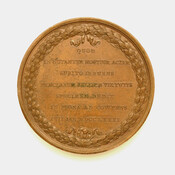 Bronze medal commemorating the Revolutionary War victory of Maryland General John Eager Howard (1752-1827) at the 1781 Battle of Cowpens in South Carolina. Howard was one of eleven medals created by order of the U.S. Congress for soldiers who distinguished themselves during the war. They were designed by French Medalist Benjamin Duvivier in Paris, France.