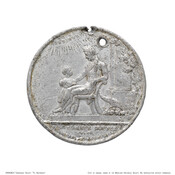 Medallion with the image of a mother seated with a small child standing before her underneath a large sun in low relief on the front. A basket full of fruit sits on the ground behind the pair of figures. The back side contains a lengthy inscription beginning with the phrase "To abstinence." This medal commemorates…