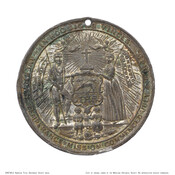 American Total Abstinence Society medal with pierced hole at top. The front features a central shield is topped with a cross and emblazoned with the abstinence symbol of a lamb holding a flag and the initials "IHS." A male allegorical figure holding a flag labelled "Sobriety" stands to the left while a female allegorical figure…