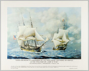 Print of oil painting by John W. Schmidt depicting the USS "Constellation" and the "l'Insurgente." Text immediately below the image reads "Good discipline is considered by all who know anything of service as the vital part of a ship at war. USS Constellation vs. l'Insurgente -- 9 February 1799. The capture of the French frigate…