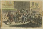A color print depicting a group of formerly enslaved people and their families in Baltimore, Maryland, after release from enslavement. The print is from page 25 of the September 30, 1865 issue of Frank Leslie's Illustrated Newspaper.