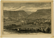 Print depicting a view of Cumberland, Maryland, a city that was located on the former Baltimore and Ohio Railroad. People are visible in the foreground overlooking the city, while a train can be seen running in the middle of the scene. The image is from page 665 of the October 20, 1866 issue of Harper's…