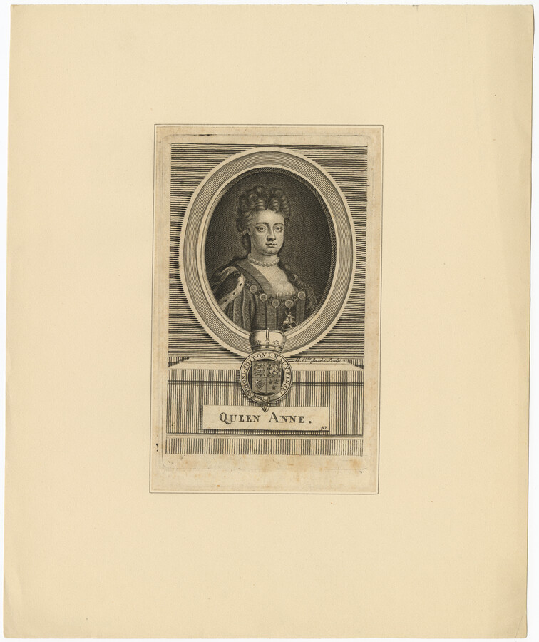 Head and shoulders portrait of Queen Anne wearing a necklace and robe. Portrait is in an oval frame on pedestal above a coat of arms outlined in the phrase: "Honi soit qui mal y pense," or "Shamed be the person who thinks evil of it."