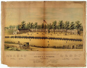 Color print depicting the barracks at Camp Belger in Baltimore, Maryland. Soldiers stand in formation before the barracks in the background while a horse-drawn carriage can be seen in the foreground. Beneath the image is a list of captains, lieutenants, and other staff from the 150th Regiment of New York Volunteers.
