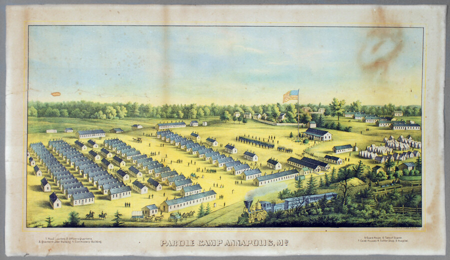 Color print of Camp Parole in Annapolis, Maryland. The camp was one of three established during the American Civil War to accept Union prisoners of war until they could be exchanged for Confederate prisoners of war confined in the south. Camp Parole was also the headquarters of famed Civil War nurse Clara Barton.