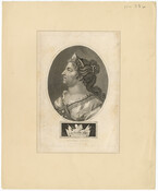 Engraved head and shoulders portrait of Queen Anne with her head in profile, facing left. She wears a gown with a ruffled neckline; her hair is dressed with pearls and a diadem. The portrait is framed in an oval over a plaque with flags, guns, and a winged figure holding a shield.