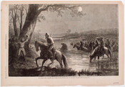 Print depicting men on horseback crossing the Potomac river for the invasion of Maryland during the American Civil War. The image appears on page 613 of Harper's Weekly from September 27, 1862.