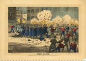 A color print depicting the Baltimore riot of 1861, which resulted in the first deaths by hostile action of the American Civil War. On one side of the conflict were antiwar Maryland Democrats known as "Copperheads" and other Southern, Confederate sympathizers. On the other side were Massachusetts and Pennsylvania state militia regiments that had been…