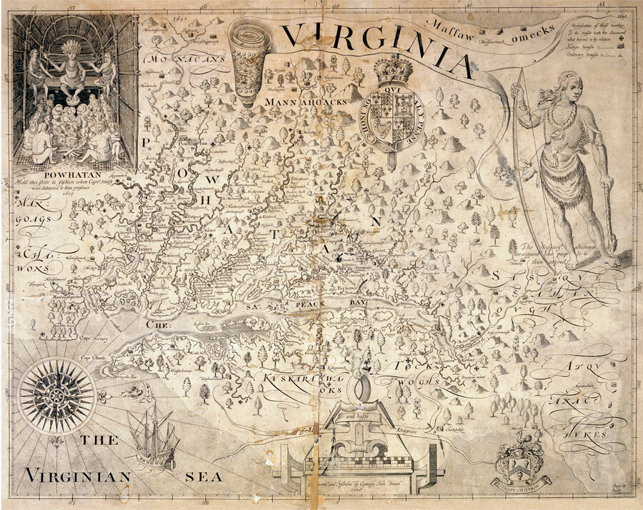 Map of the colony of Virginia in the year 1606. At the bottom center is the caption, "Discovered and described by Captain John Smith / 1606." A key is located at the top right of the map, which is described as having a "scale of leagues and half leagues."