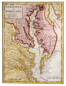 Hand colored, engraved map depicting the areas of Virginia and Maryland that border the Chesapeake Bay as they were known in 1736. Parts of Delaware and New Jersey are also visible. A key beneath the map title shows symbols indicating "English Plantations" and "Indian Plantations and Houses."