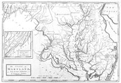 An inverted photostat from an original map of the state of Maryland. The map depicts the entire state of Maryland, including cities, towns, counties, and bodies of water, along with parts of Pennsylvania, New Jersey, Delaware, and Virginia. An inset on the left depicts a "continuation of the Potowmac River, from Fort Cumberland." The map…