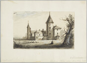 Pen, ink, and wash, heightened with white, over graphite on cream wove paper, featuring “'Rochalion' Shooting Villa" by Alfred Jacob Miller. The scene features a Gothic-style house near Murthly Castle in Scotland.