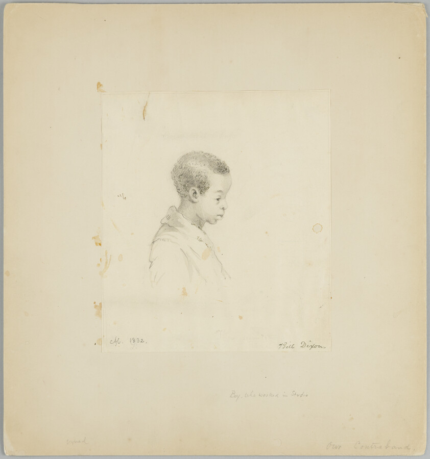 Pencil drawing of a boy in profile. Captioned, "Boy, who worked a studio."