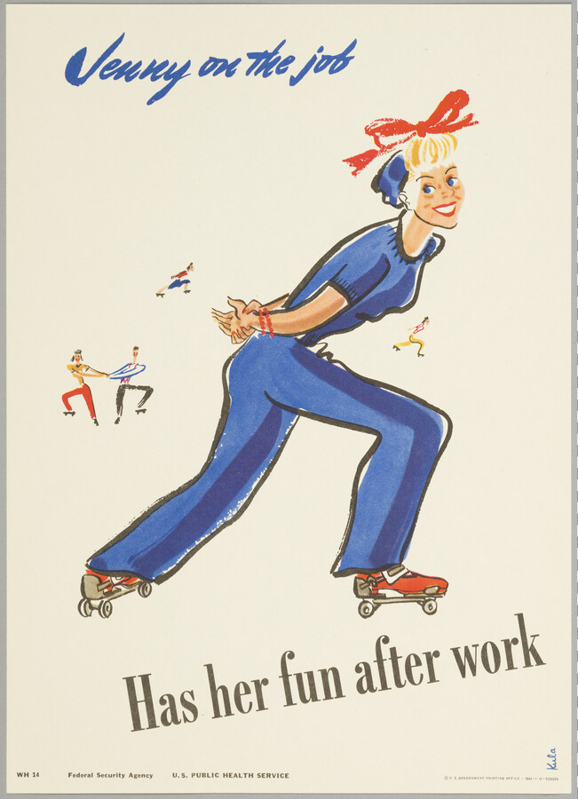 Illustration of a woman roller skating and smiling in a blue outfit and with a red bow in her hair. Other people can be seen skating in the background.