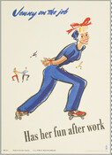 Illustration of a woman roller skating and smiling in a blue outfit and with a red bow in her hair. Other people can be seen skating in the background.
