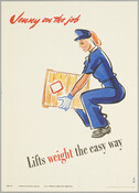 Poster illustration of a female factory employee in uniform bending down to pick up a box, demonstrating the safest way to lift a heavy object.