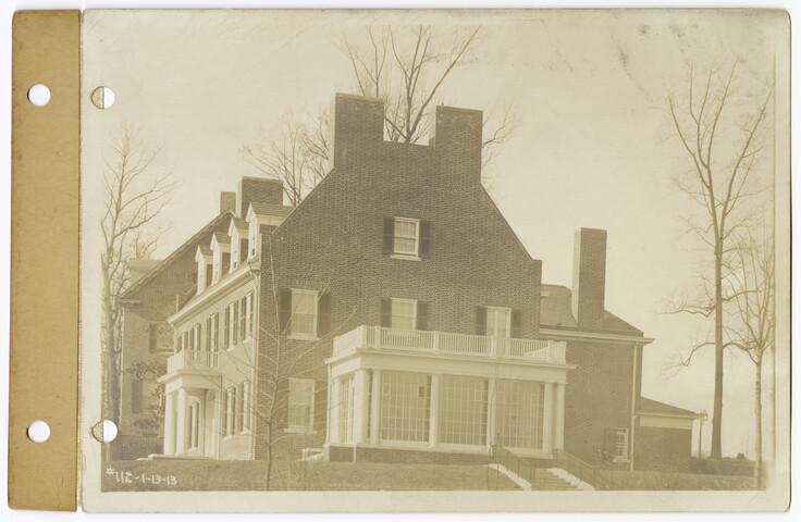 Side elevation of Mrs. Gambrill’s house from point on east side of Keswick Road in center of sidewalk on north side of University Parkway looking northwest — 1913-01-13